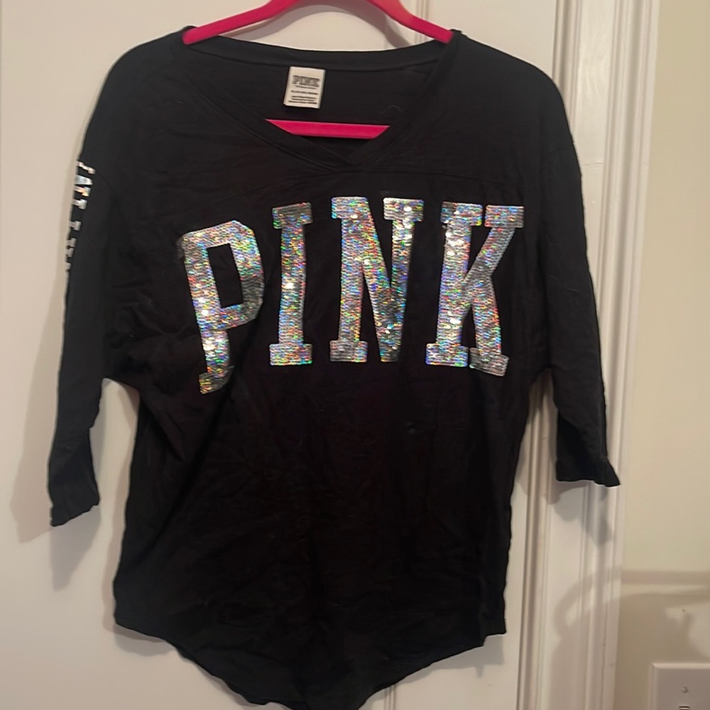 Victoria’s Secret PINK black bling logo shirt. Size extra small